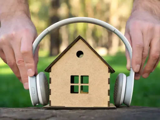 Mani posizionano cuffie su una casa giocattolo, come se volessero ascoltare suoni a 110 decibel.