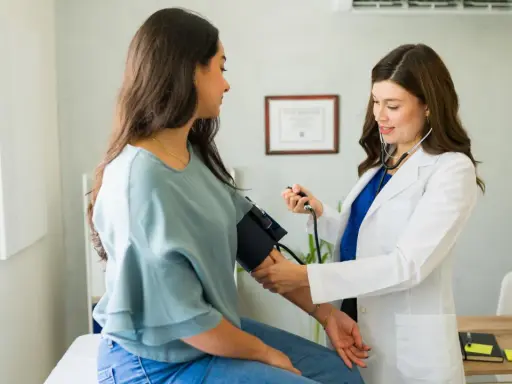 Medico con stetoscopio misura la pressione a una paziente, mostrando come misurare la pressione manualmente.