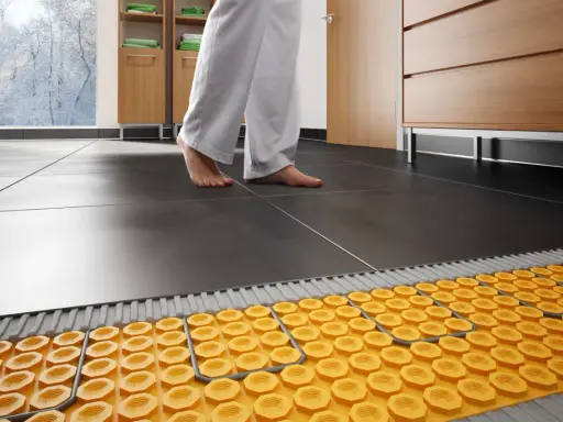 Piedi nudi su piastrelle scure, con un sistema di riscaldamento a pavimento visibile sotto. Addio termosifoni, benvenuta comodità!