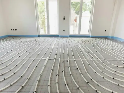 Installazione di riscaldamento a pavimento. Tubi bianchi disposti a serpentina su un foglio isolante, pronti per la posa del massetto. La temperatura dell'acqua sarà regolata per un comfort ottimale.