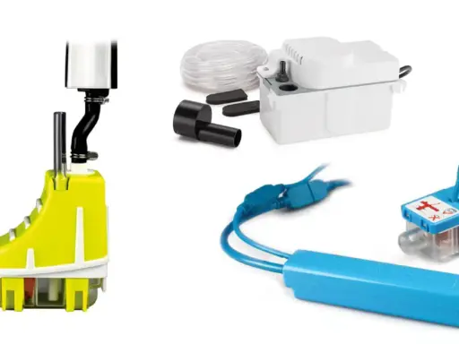Pompa condensa condizionatore: un kit completo con diverse unità per gestire l'acqua in eccesso, inclusa una pompa gialla e una bianca.