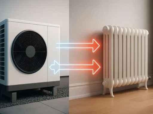 Pompa di calore che alimenta radiatori a bassa temperatura, con frecce luminose che indicano il flusso di calore.
