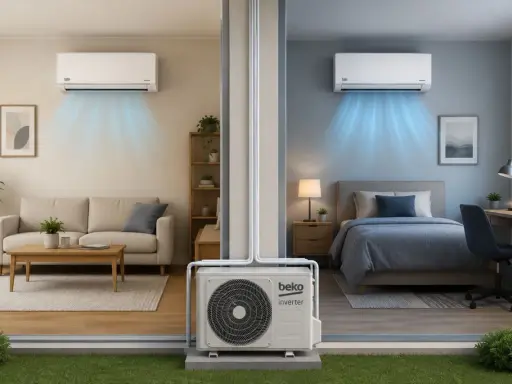 Unità esterna Beko Inverter per come rinfrescare due stanze: un soggiorno e una camera da letto, con aria fresca che esce dai split.