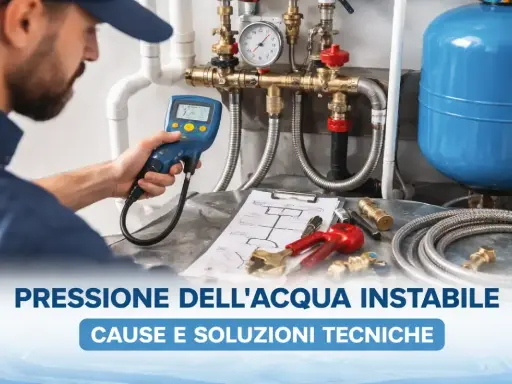 Idraulico controlla la pressione dell'acqua con uno strumento digitale. Il manometro indica una pressione troppo alta, suggerendo un problema da risolvere.