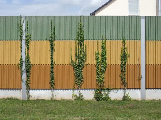 Barriera antirumore fai da te con edera rampicante su pannelli colorati.