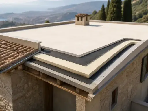 Dettaglio costruttivo di un tetto piano con strati isolanti. Scopri quanto costa isolare un tetto per un comfort ottimale.