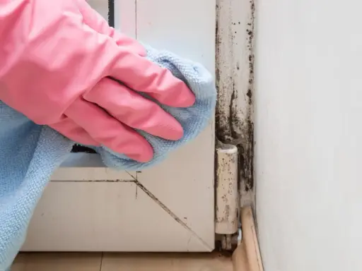 Mano con guanto rosa pulisce con panno azzurro la muffa rossa sul muro vicino a una cerniera.