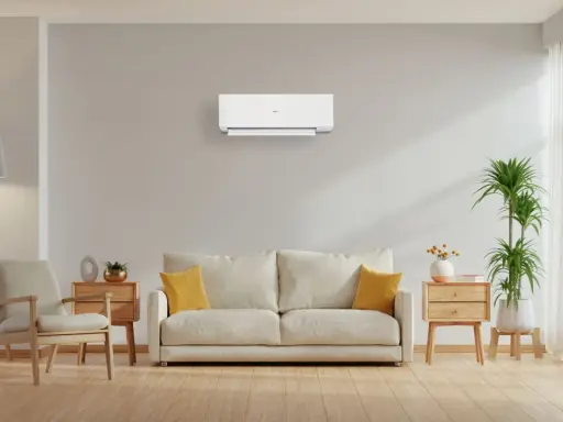 Un soggiorno moderno con un condizionatore a parete, che illustra la differenza tra pompa di calore e condizionatore.