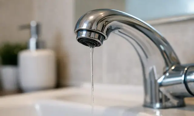 Un rubinetto cromato gocciola, un filo d'acqua che abbassa la pressione. Sullo sfondo, un dispenser di sapone e una pianta.