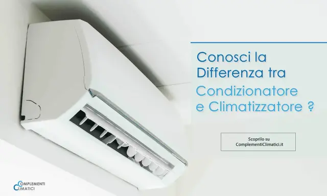 Un climatizzatore bianco montato a parete. Scopri la differenza tra condizionatore e climatizzatore.