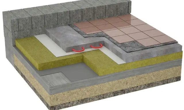 Strati di isolamento per un pavimento piano terra, con tubi per riscaldamento a pavimento, per prevenire l'isolamento umidità.