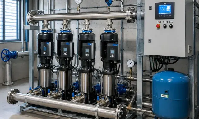 Un impianto di pressurizzazione con quattro pompe in linea, un pannello di controllo digitale e un serbatoio blu Reflex.