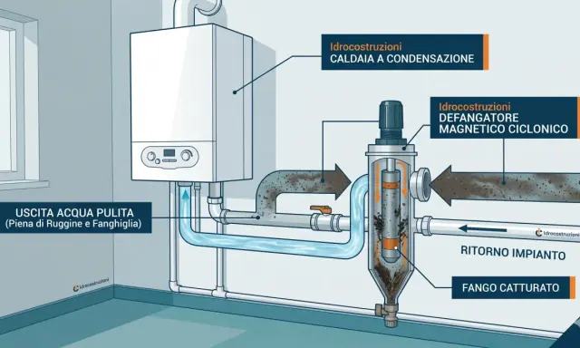 Il defangatore magnetico ciclonico serve a rimuovere ruggine e fanghi dall'acqua della caldaia, garantendo un impianto più pulito e efficiente.