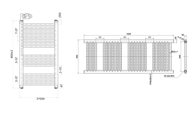 Disegno tecnico di un termoarredo con misure per il calcolo watt termosifoni.
