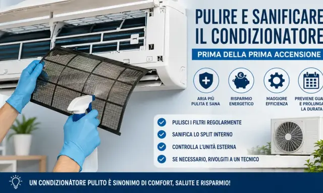 Mani con guanti blu puliscono il filtro del condizionatore. La pulizia dei condizionatori garantisce aria sana e risparmio.