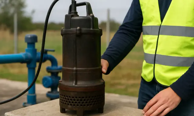 A person in a high-visibility vest holds a submersible pump next to blue pipes.