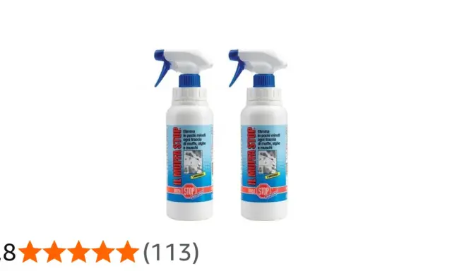 Due flaconi spray "Il Muffa Stop" per eliminare la condensa in bagno e ogni traccia di muffa, alghe e muschi.