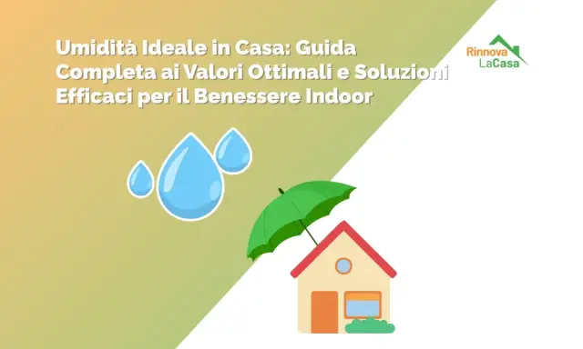 Guida per gestire la percentuale umidità in casa. Gocce d'acqua e una casa protetta da un ombrello verde.