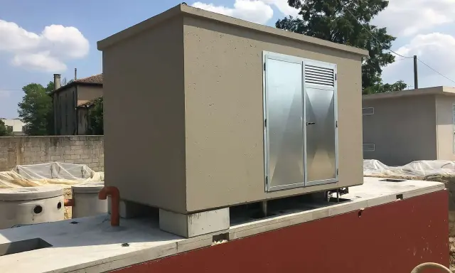 Edificio prefabbricato con porte metalliche, probabilmente per ospitare una pompa soprabattente, su una base in cemento.