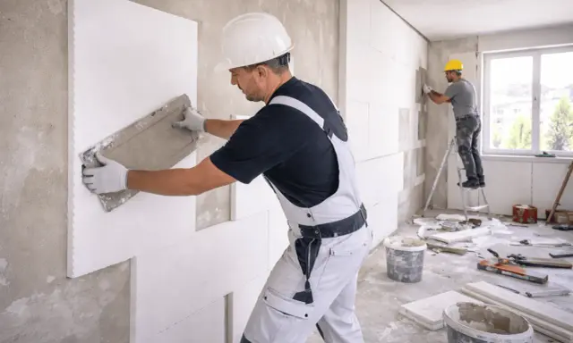 Operai applicano pannelli isolanti su un muro, creando un cappotto interno o esterno per migliorare l'efficienza energetica.