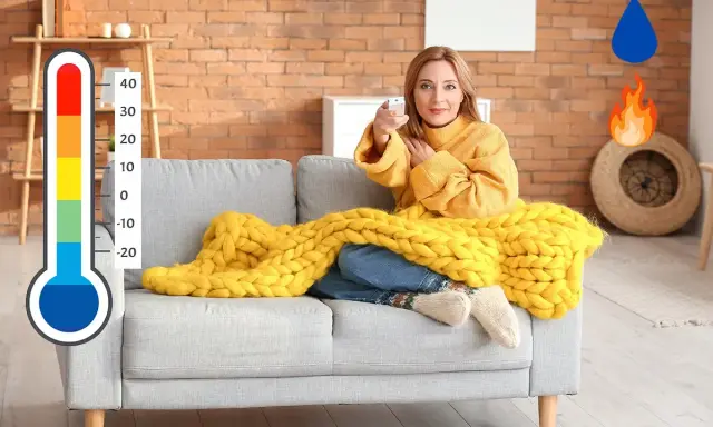 Woman on couch with yellow blanket, holding remote. Thermometer, water drop, and flame icons.