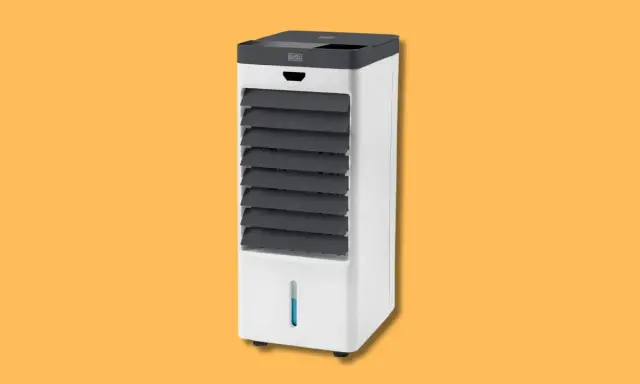 Un condizionatore portatile senza tubo, bianco e grigio, con alette regolabili e indicatore del livello dell'acqua.