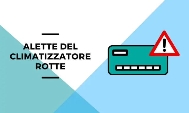 Icona di un climatizzatore con un segnale di pericolo, testo "Alette del climatizzatore rotte". Guida su come sbloccare le alette del condizionatore.