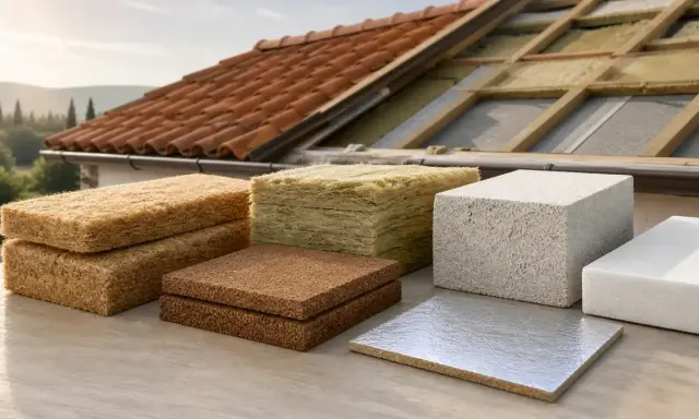 Vari tipi di materiale isolante calore, da fibre naturali a schiume, pronti per l'installazione su un tetto in costruzione.