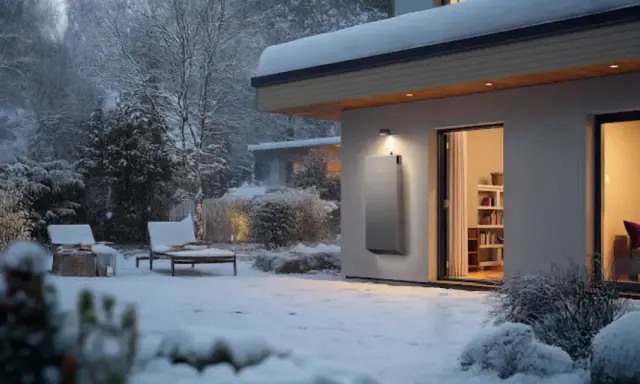 Un sistema moderno per riscaldare casa senza termosifoni e senza spendere troppo, con un'unità esterna in una giornata nevosa.