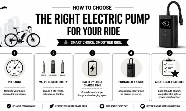 Infographic showing how to choose an electric bike pump, with sections on PSI range, valve compatibility, battery life, portability, and features.