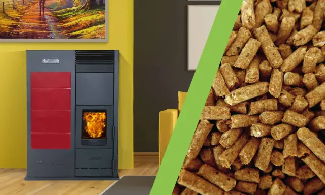 Stufa a pellet moderna con fiamme vive e un mucchio di pellet, che illustra come funziona una stufa a pellet.