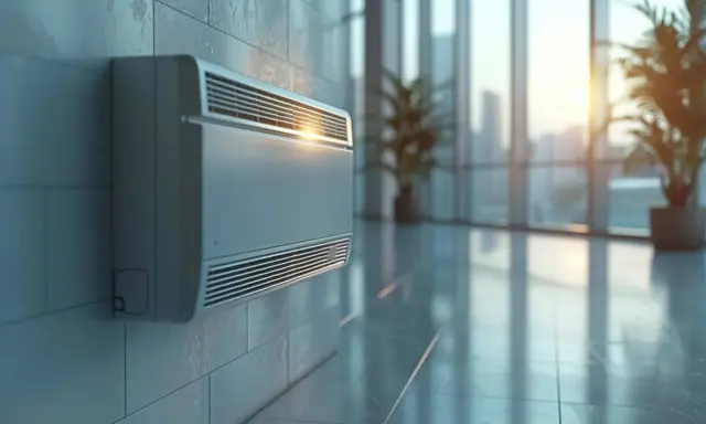 Condizionatore senza scarico condensa, montato su parete piastrellata, in un ambiente moderno con grandi vetrate e piante.