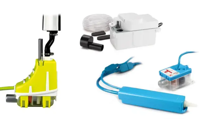 Pompa condensa condizionatore: un kit completo con diverse unità per gestire l'acqua in eccesso, inclusa una pompa gialla e una bianca.