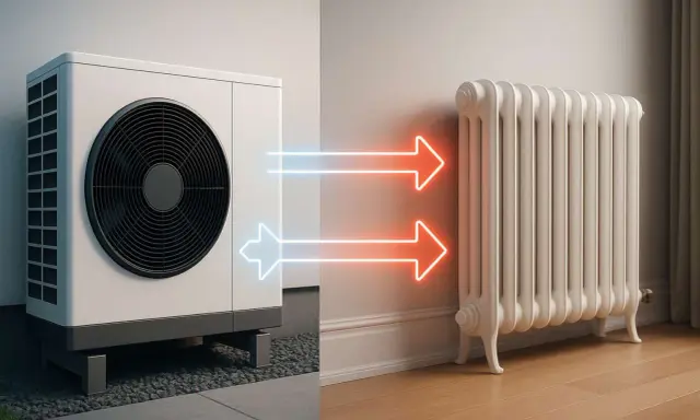 Pompa di calore che alimenta radiatori a bassa temperatura, con frecce luminose che indicano il flusso di calore.