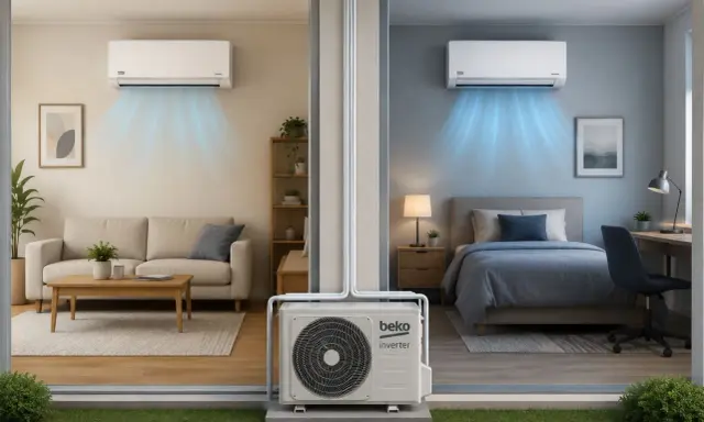 Unità esterna Beko Inverter per come rinfrescare due stanze: un soggiorno e una camera da letto, con aria fresca che esce dai split.