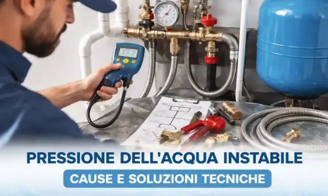 Idraulico controlla la pressione dell'acqua con uno strumento digitale. Il manometro indica una pressione troppo alta, suggerendo un problema da risolvere.