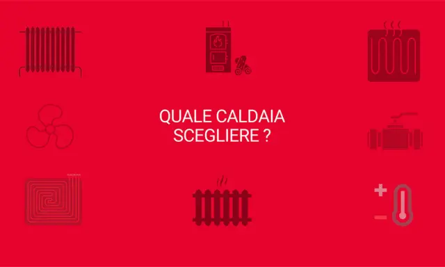 Icone che illustrano diversi tipi di caldaia e sistemi di riscaldamento, con la domanda "Quale caldaia scegliere?".