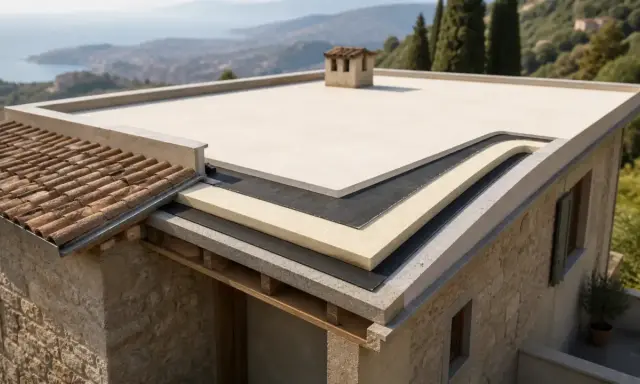 Dettaglio costruttivo di un tetto piano con strati isolanti. Scopri quanto costa isolare un tetto per un comfort ottimale.
