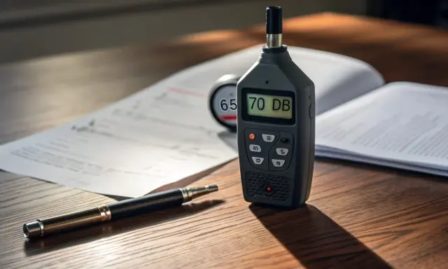 Fonometro cos'è? Uno strumento digitale mostra 70 dB, accanto a documenti e una penna.