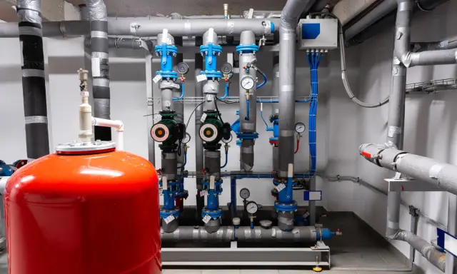 Impianto idraulico con serbatoio rosso e pompe. Manometri indicano che l'autoclave pressione troppo alta potrebbe essere un problema.