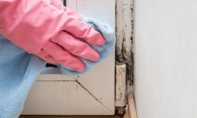 Mano con guanto rosa pulisce con panno azzurro la muffa rossa sul muro vicino a una cerniera.