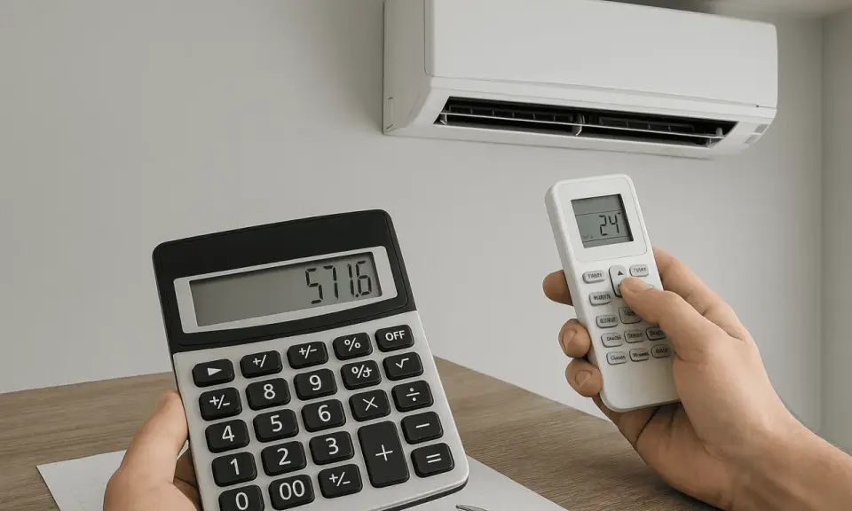 Calcolo del consumo energetico del condizionatore. Una mano tiene un telecomando impostato a 24 gradi, l'altra una calcolatrice con il numero 571.6.