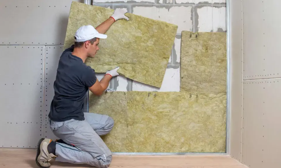 Operaio posiziona pannelli isolanti per il cappotto casa. L'isolamento termico è fondamentale per il comfort abitativo.