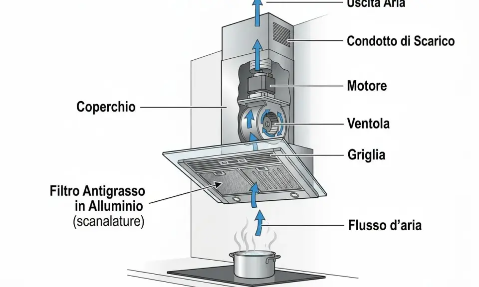 Schema di una cappa aspirante che mostra il flusso d'aria attraverso il filtro antigrasso in alluminio, il motore e la ventola. Utile per capire come pulire i filtri della cappa.