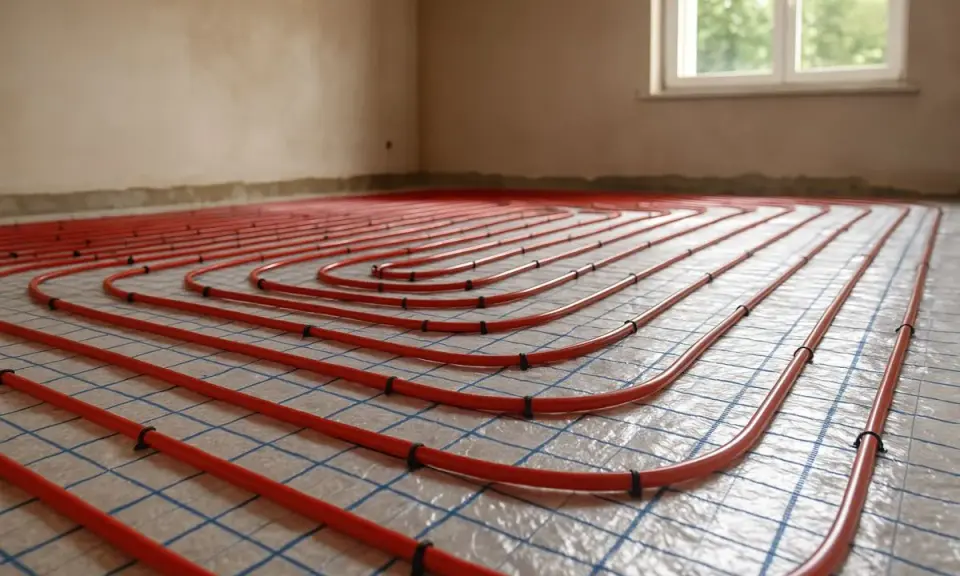 Tubature rosse per riscaldamento a pavimento disposte a spirale su una griglia.