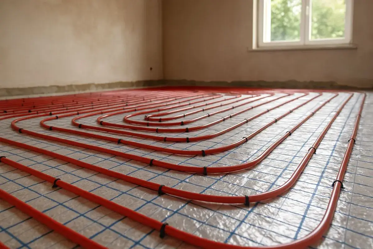 Tubature rosse per riscaldamento a pavimento disposte a spirale su una griglia.