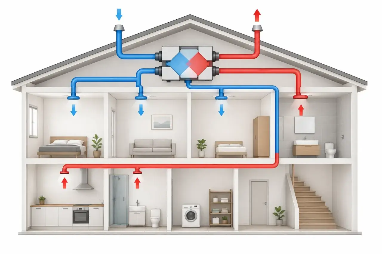 Schema di una casa con sistema di ventilazione meccanica controllata (VMC centralizzata). Aria fresca immessa (blu), aria viziata espulsa (rossa).