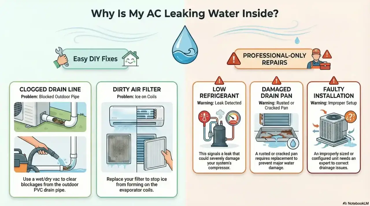 Il condizionatore perde acqua dall'unità interna a causa di un tubo di scarico ostruito, un filtro sporco o un'installazione errata.