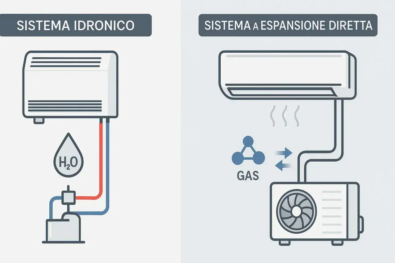 Illustrazione della differenza tra climatizzatore (sistema idronico con H₂O) e condizionatore (sistema a espansione diretta con gas).
