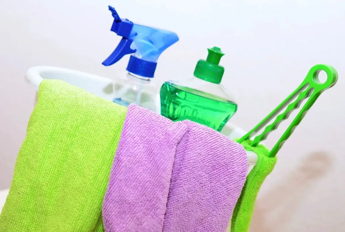 Panni colorati e flaconi di detersivo pronti per eliminare l'odore di muffa negli armadi.